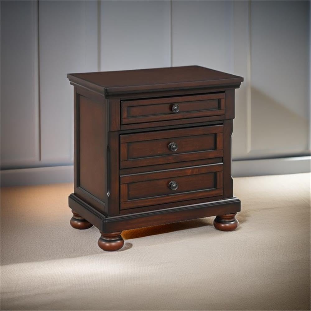 Brown Cherry 3 Drawer Wood Nightstand E69800