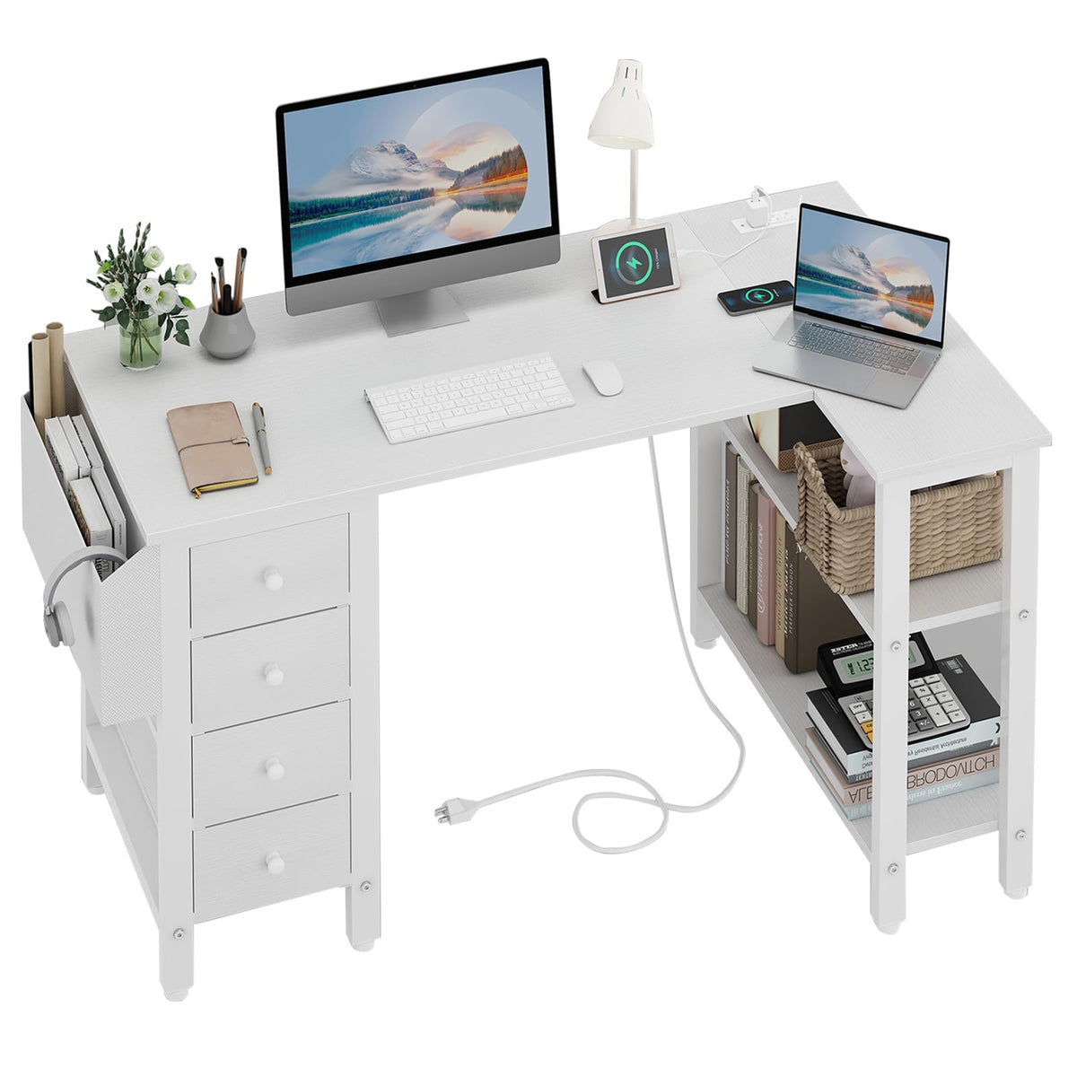 White L Shaped Computer Desk with Drawers and Storage Shelves, 47 Inch Reversible Corner Desk with Power Outlet X4108