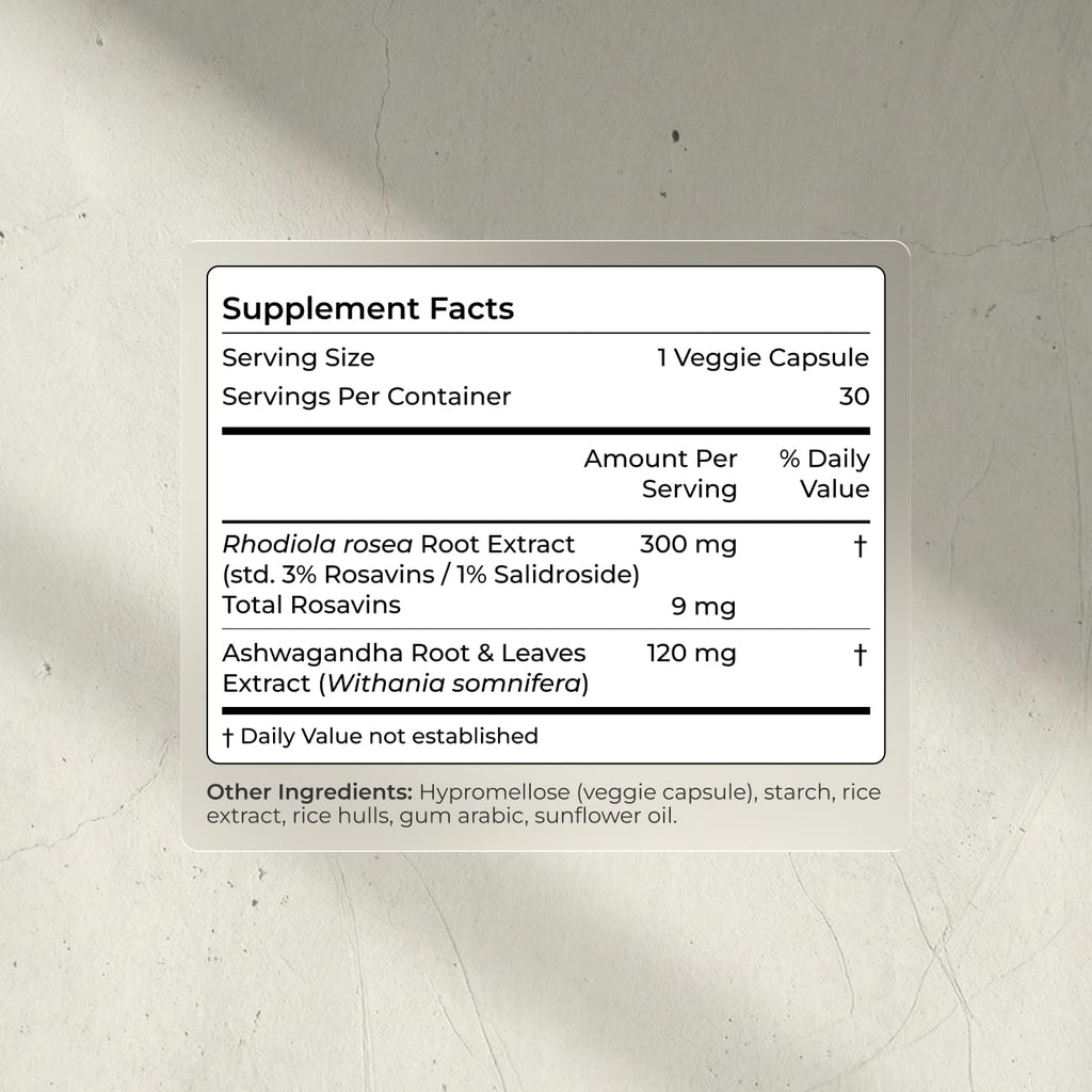 Ashwagandha & Rhodiola 120mg Adaptogen Capsules 30 Vegan Capsules Q45208