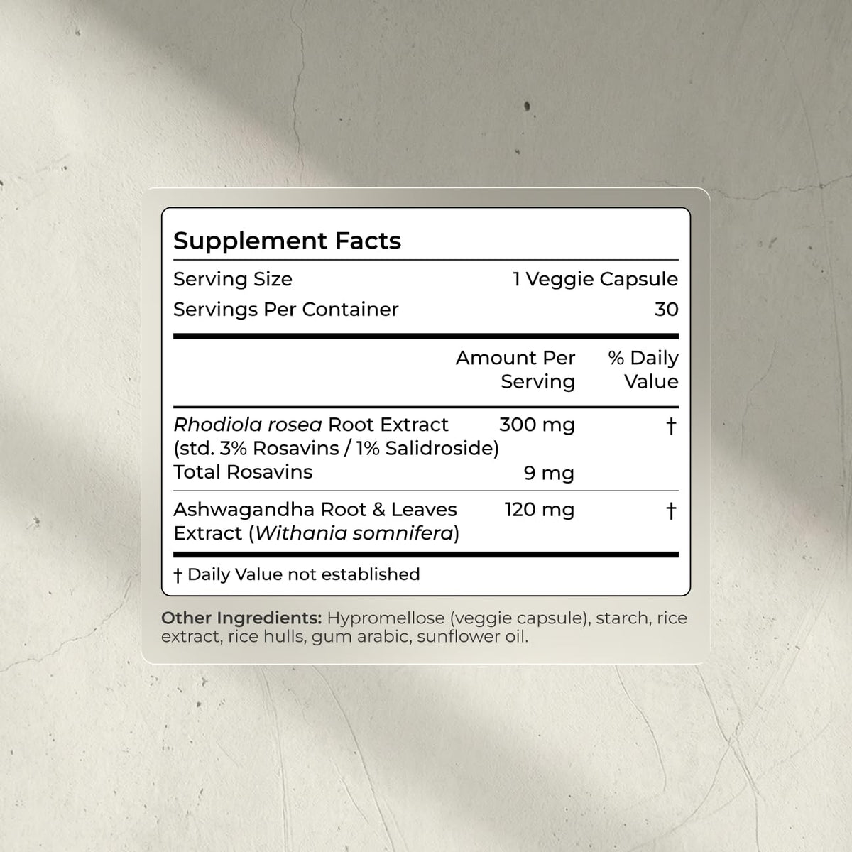 Ashwagandha & Rhodiola 120mg Adaptogen Capsules 30 Vegan Capsules Q45208