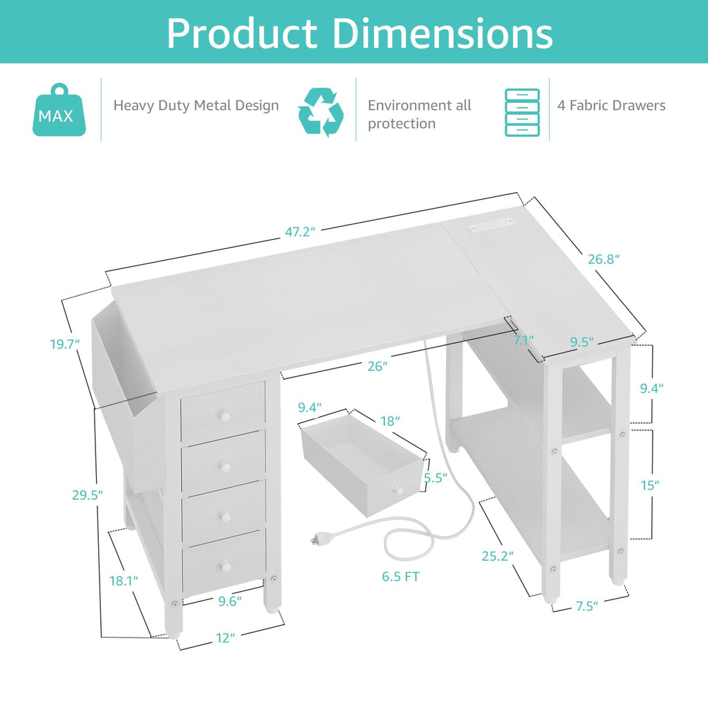 White L Shaped Computer Desk with Drawers and Storage Shelves, 47 Inch Reversible Corner Desk with Power Outlet X4108