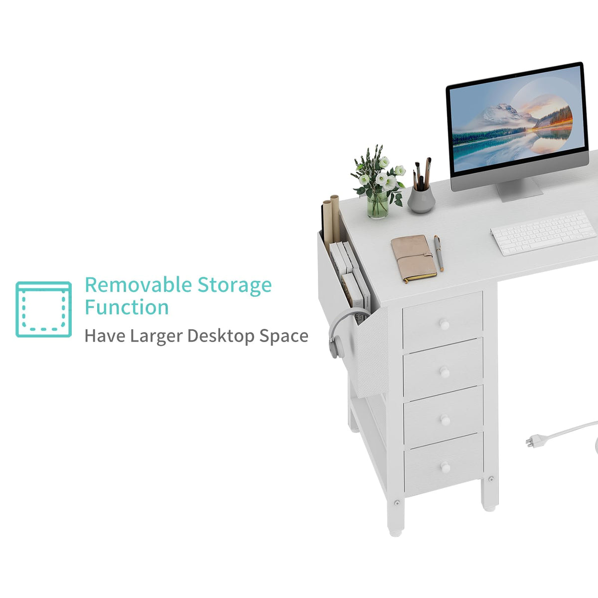 White L Shaped Computer Desk with Drawers and Storage Shelves, 47 Inch Reversible Corner Desk with Power Outlet X4108