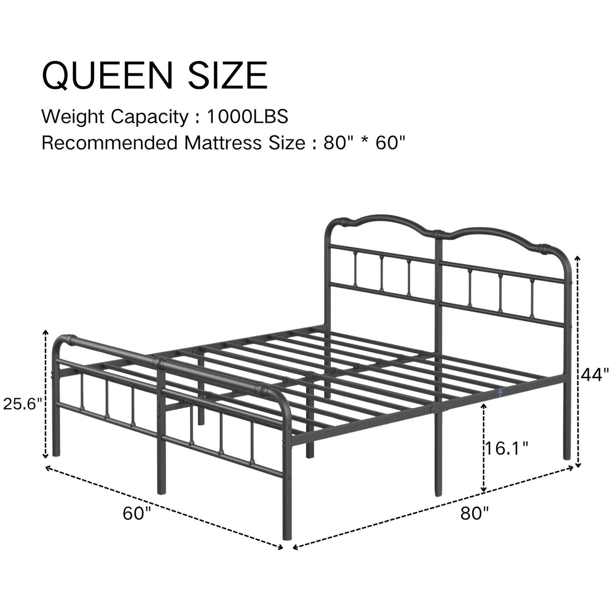 Queen Size Black Metal Platform Bed Frame with Headboard C174800