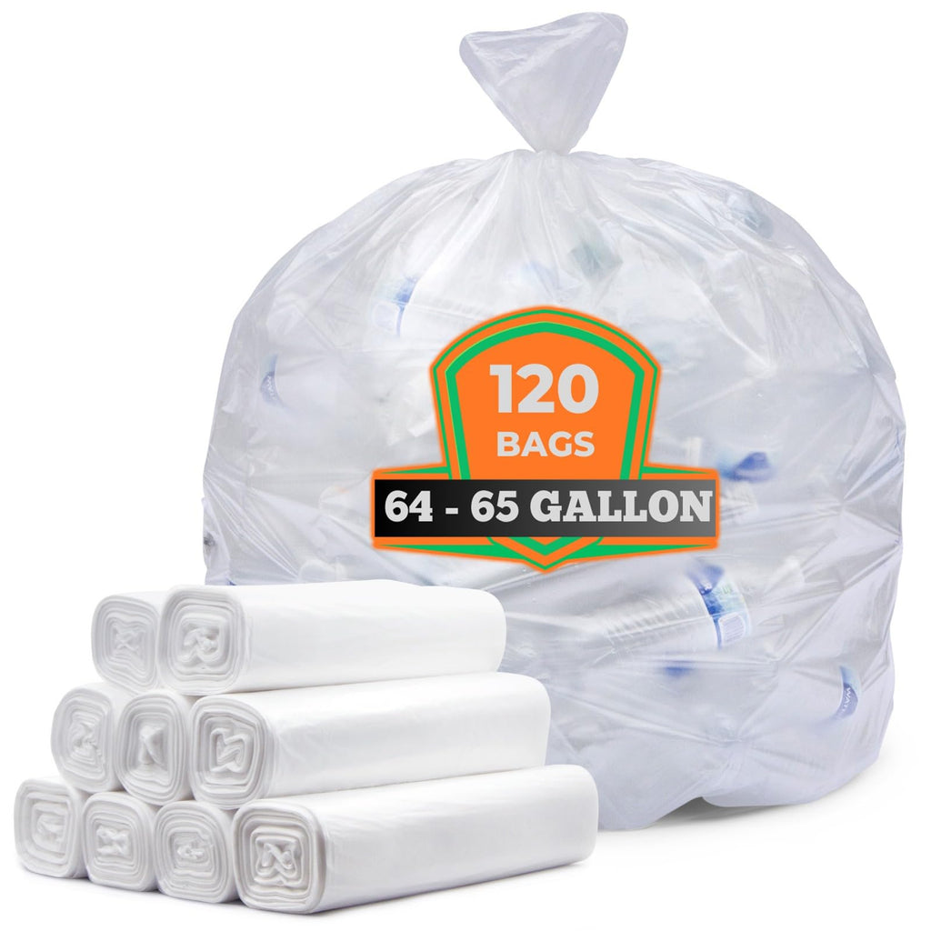 64-65 Gallon Clear Trash Bags, 120 Count Heavy Duty Garbage Bags X8244