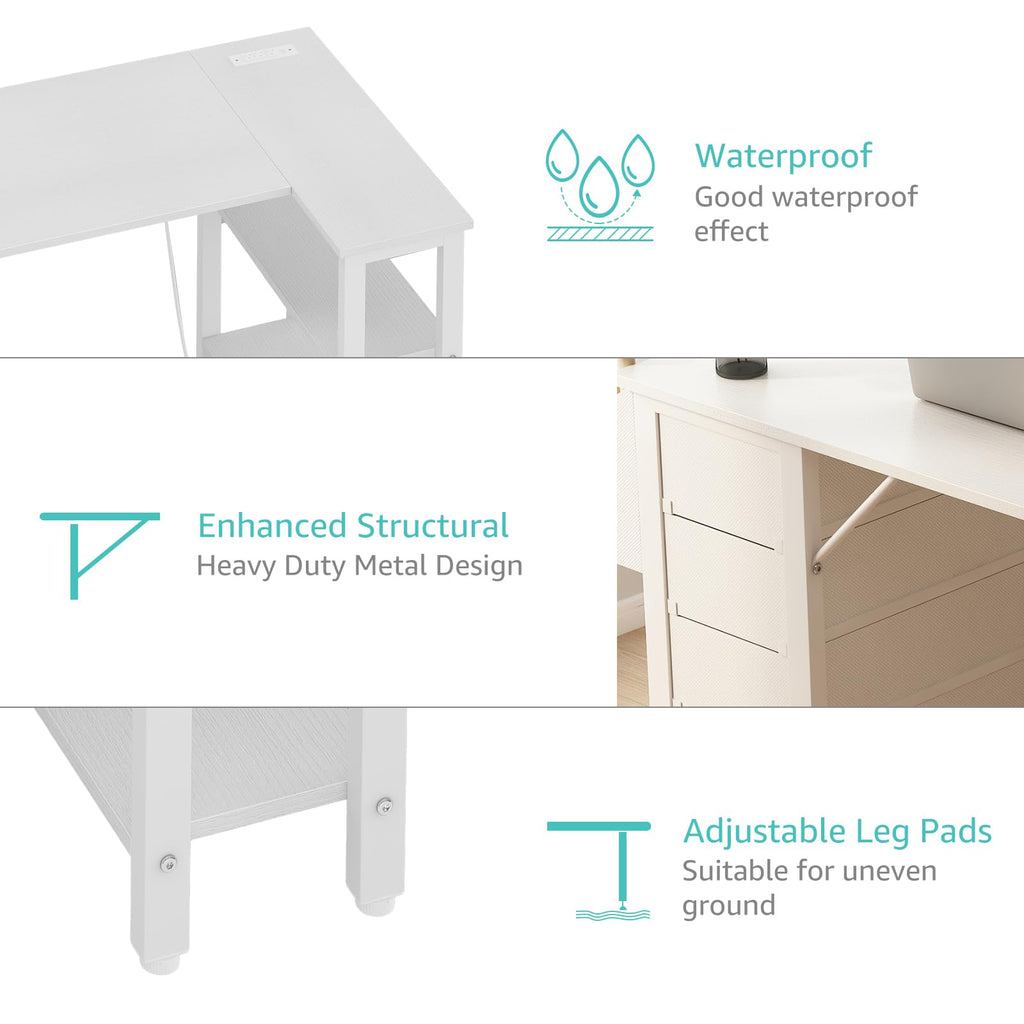 White L Shaped Computer Desk with Drawers and Storage Shelves, 47 Inch Reversible Corner Desk with Power Outlet X4108