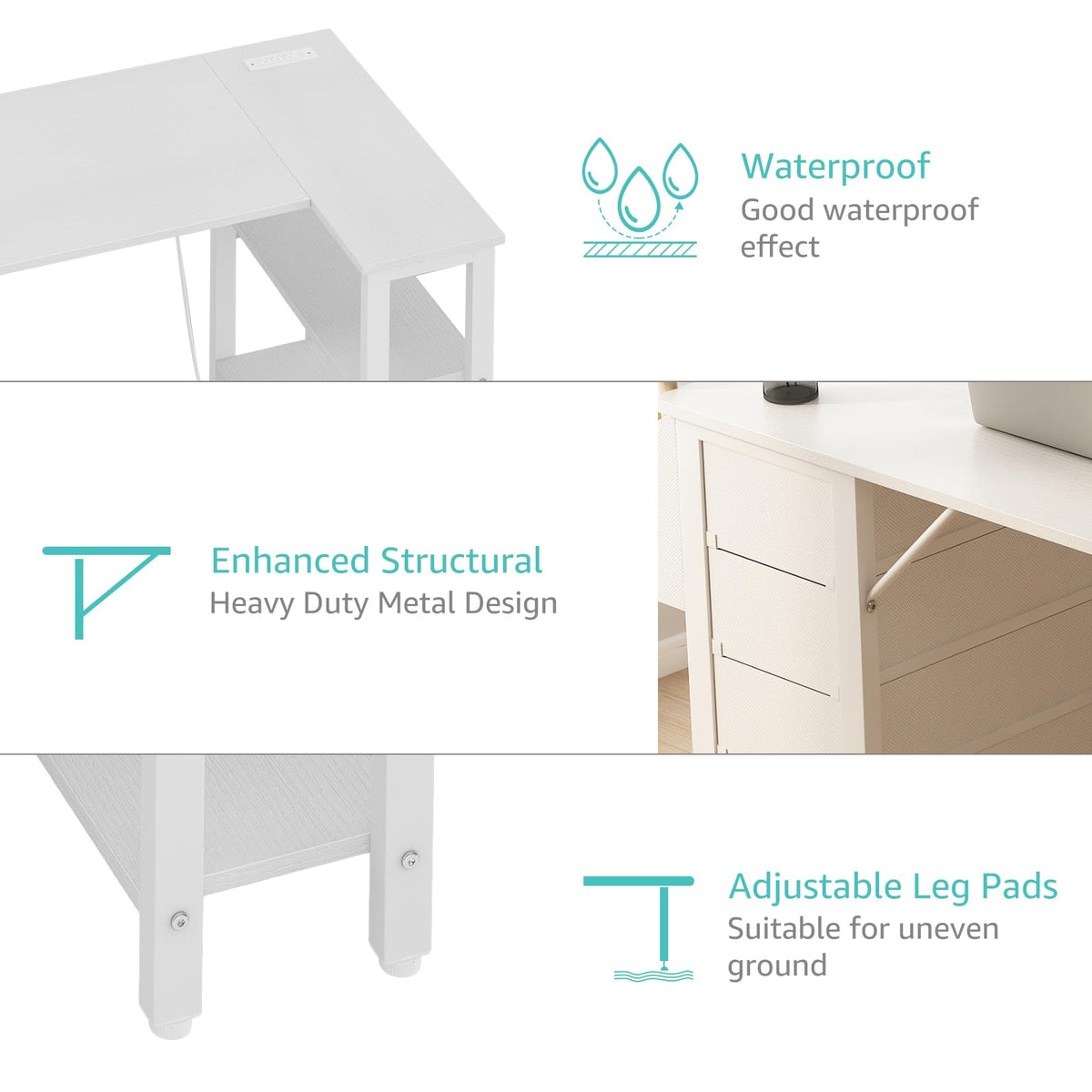 White L Shaped Computer Desk with Drawers and Storage Shelves, 47 Inch Reversible Corner Desk with Power Outlet X4108