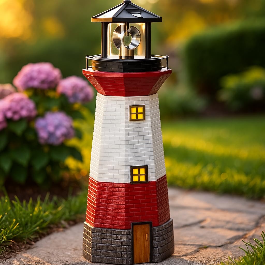 15" Red Solar Lighthouse with Rotating LED P691