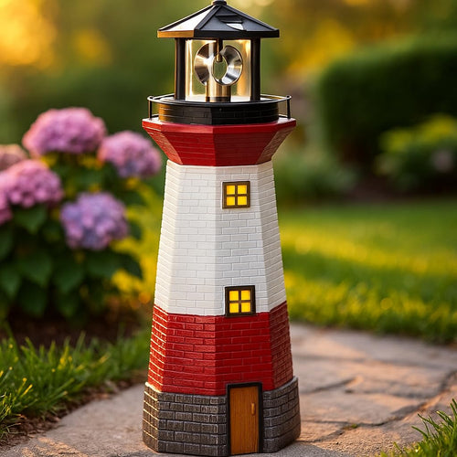 15" Red Solar Lighthouse with Rotating LED P691
