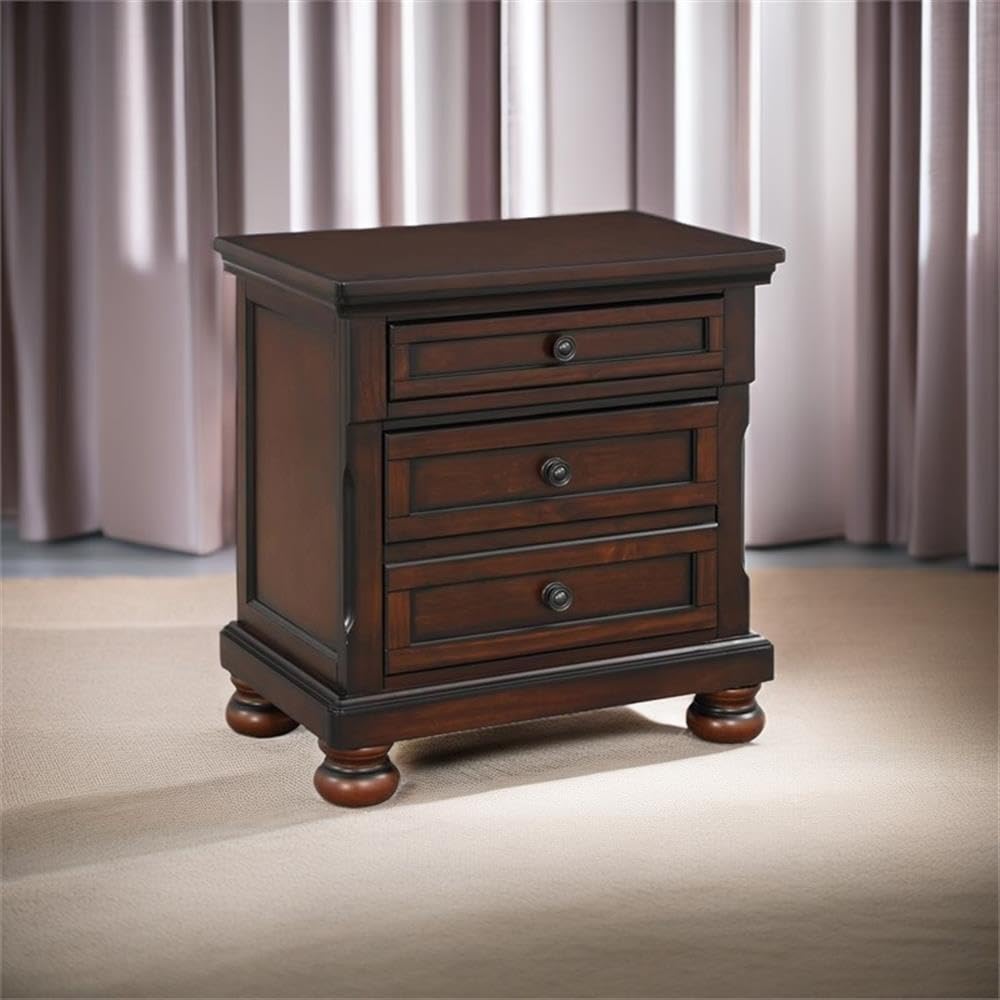 Brown Cherry 3 Drawer Wood Nightstand E69800