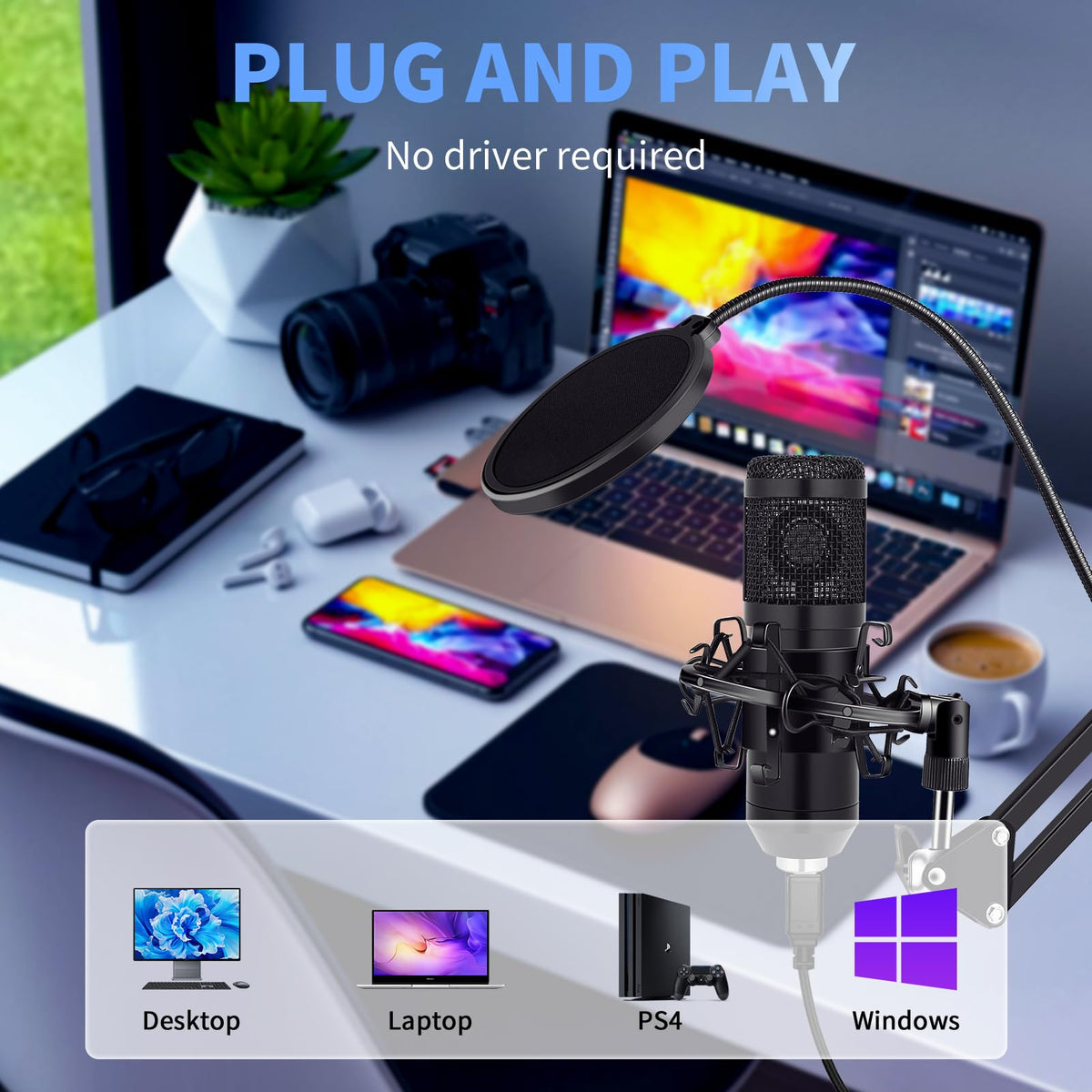 USB Condenser Microphone Kit with Boom Arm Stand Y724