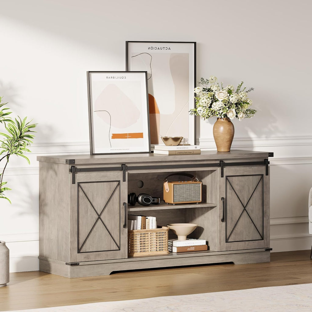 Farmhouse TV Stand with Sliding Barn Doors and Adjustable Shelf O548