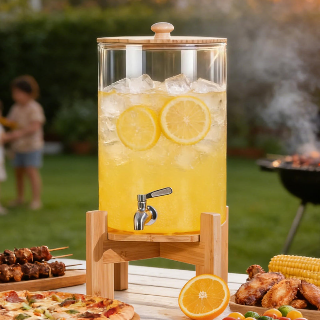 2.2 Gallon Glass Drink Dispenser with Wood Stand P47821