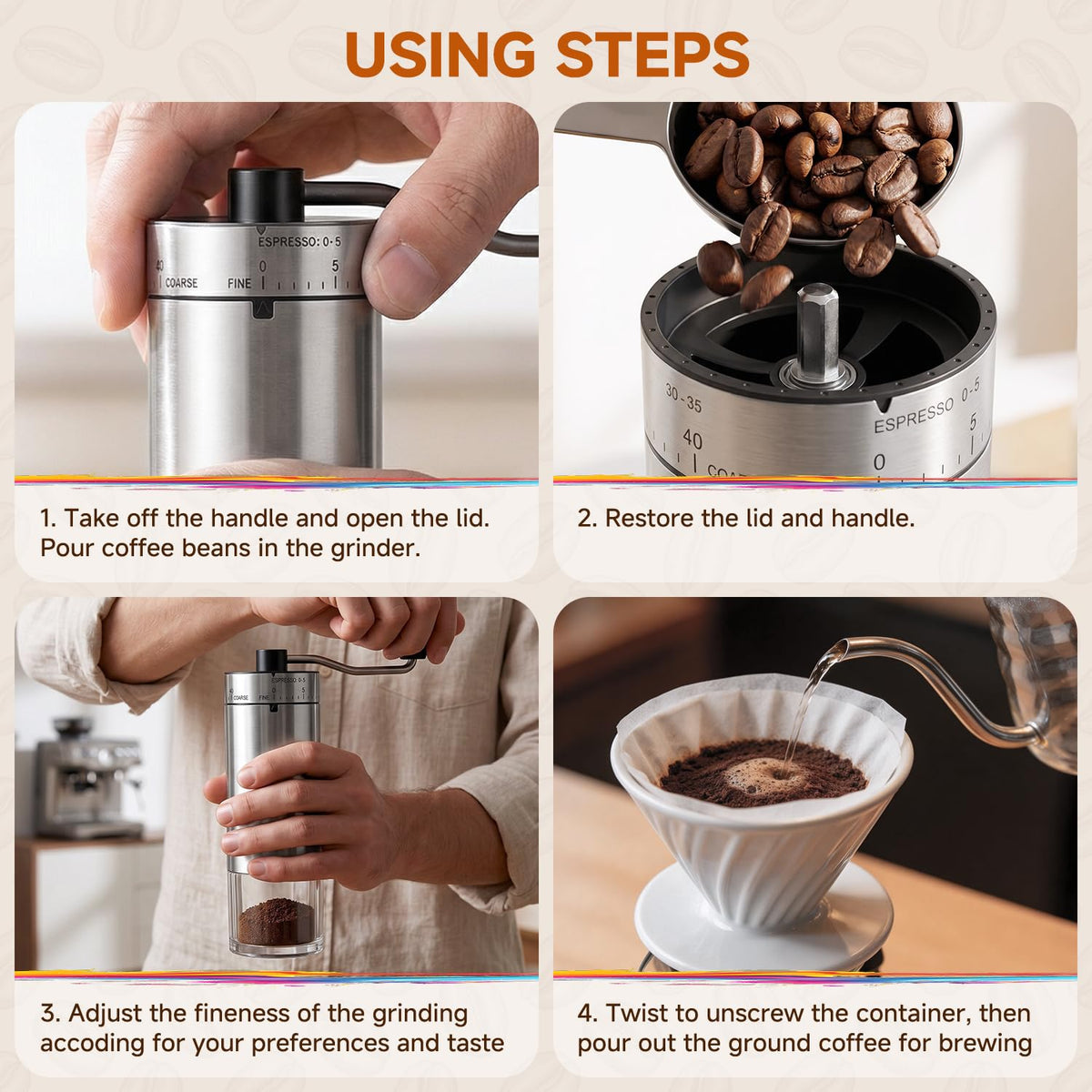 Manual Stainless Steel Conical Burr Coffee Grinder with Hand Crank G69468