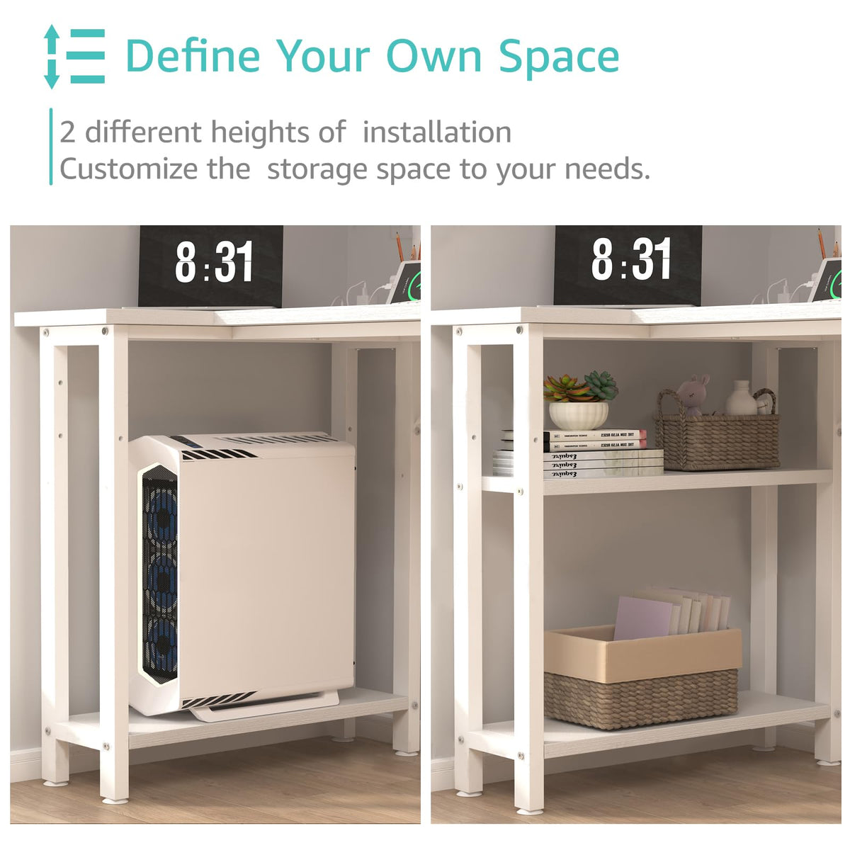 White L Shaped Computer Desk with Drawers and Storage Shelves, 47 Inch Reversible Corner Desk with Power Outlet X4108