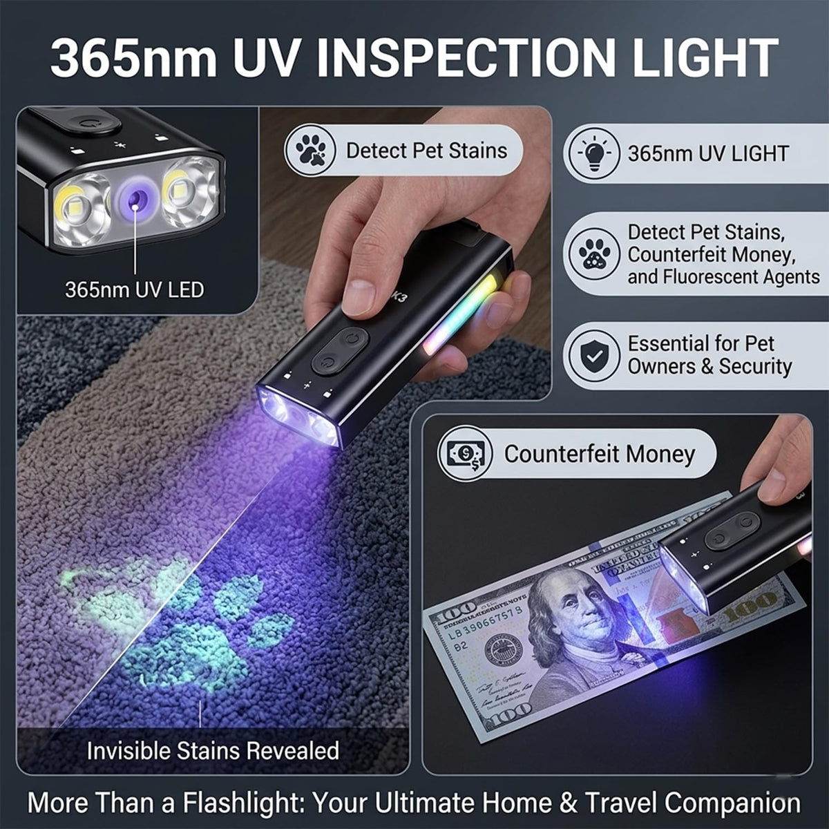 800 Lumens Rechargeable EDC Keychain Flashlight with UV & Red LED F1534