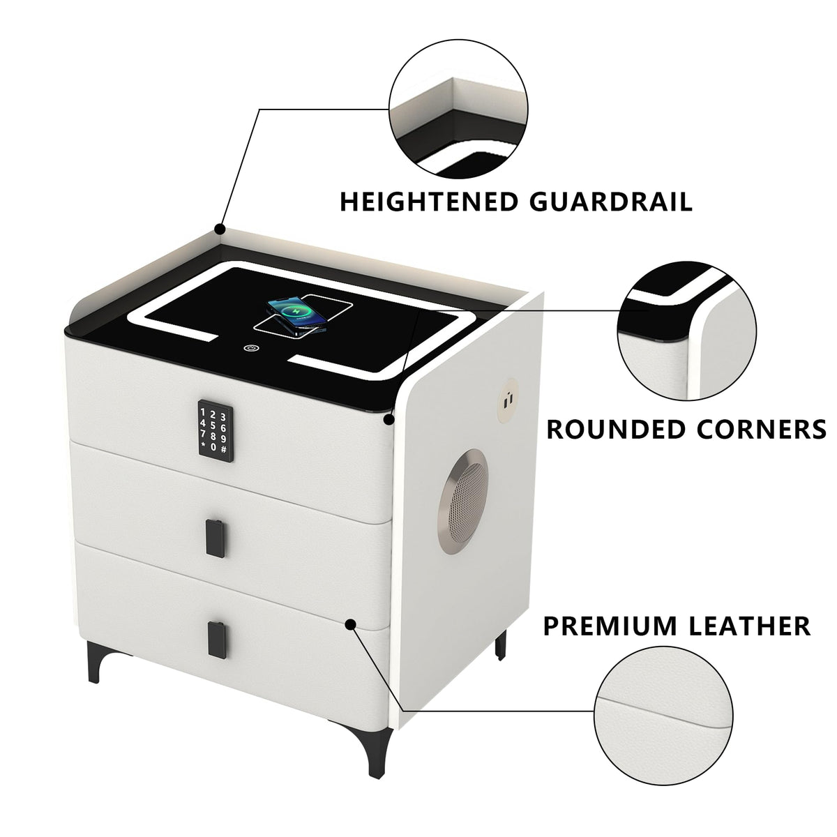 White Nightstand with Charging Station and LED Lights A145