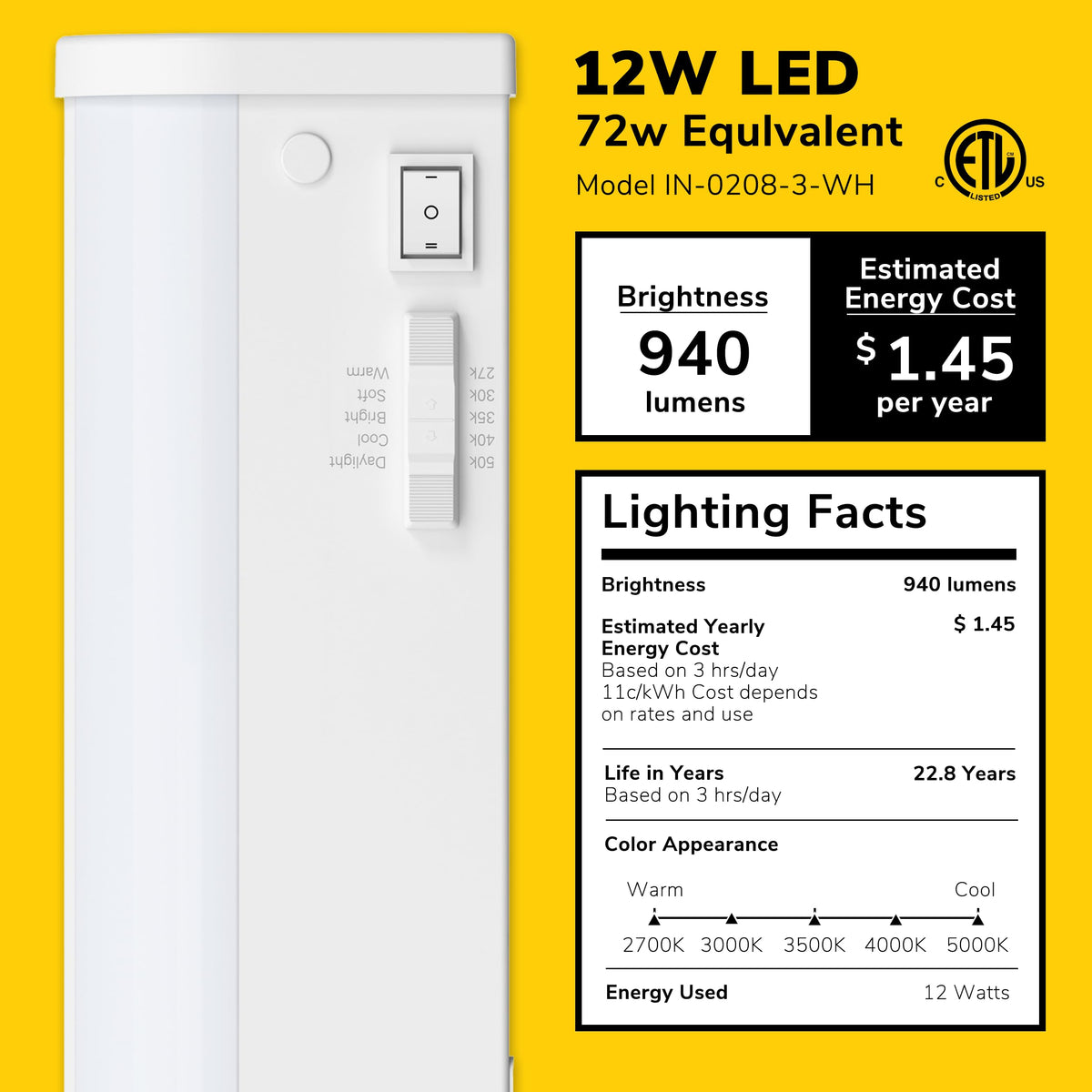 24-Inch LED Under Cabinet Light, 5-CCT Selectable, Dimmable, White V745