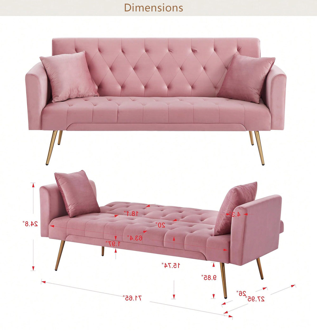 Pink Velvet Convertible Sleeper Sofa Bed G129