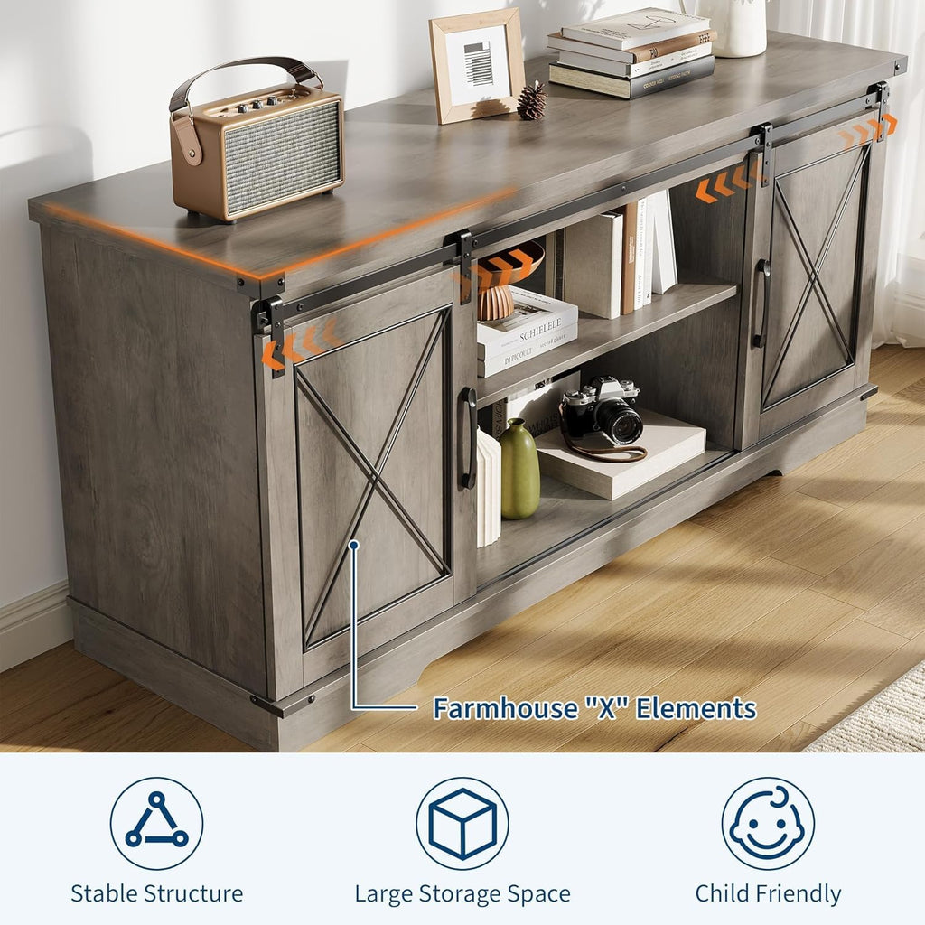 Farmhouse TV Stand with Sliding Barn Doors and Adjustable Shelf O548