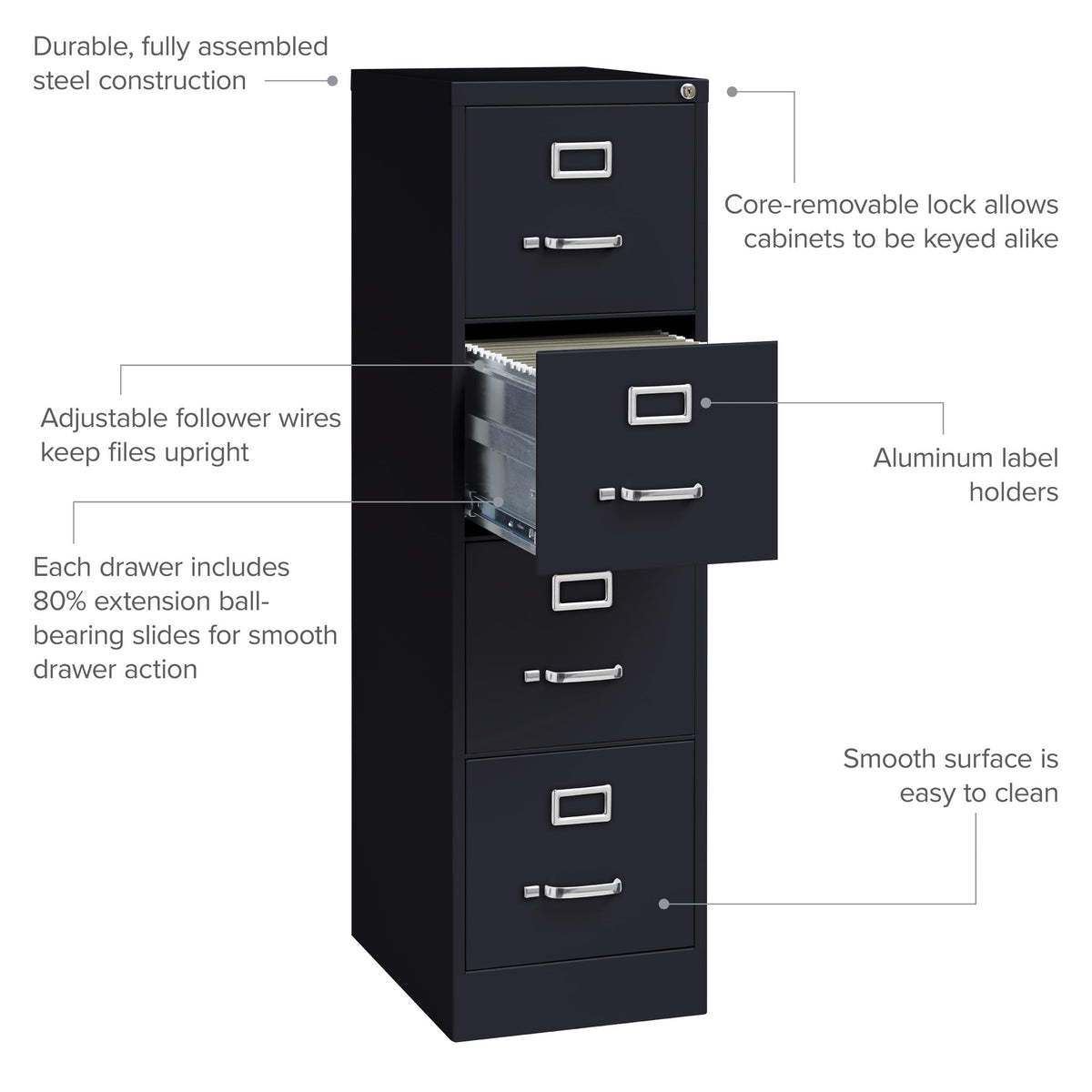 22" Deep 4 Drawer Letter Width Steel Vertical File Cabinet, Black H2440