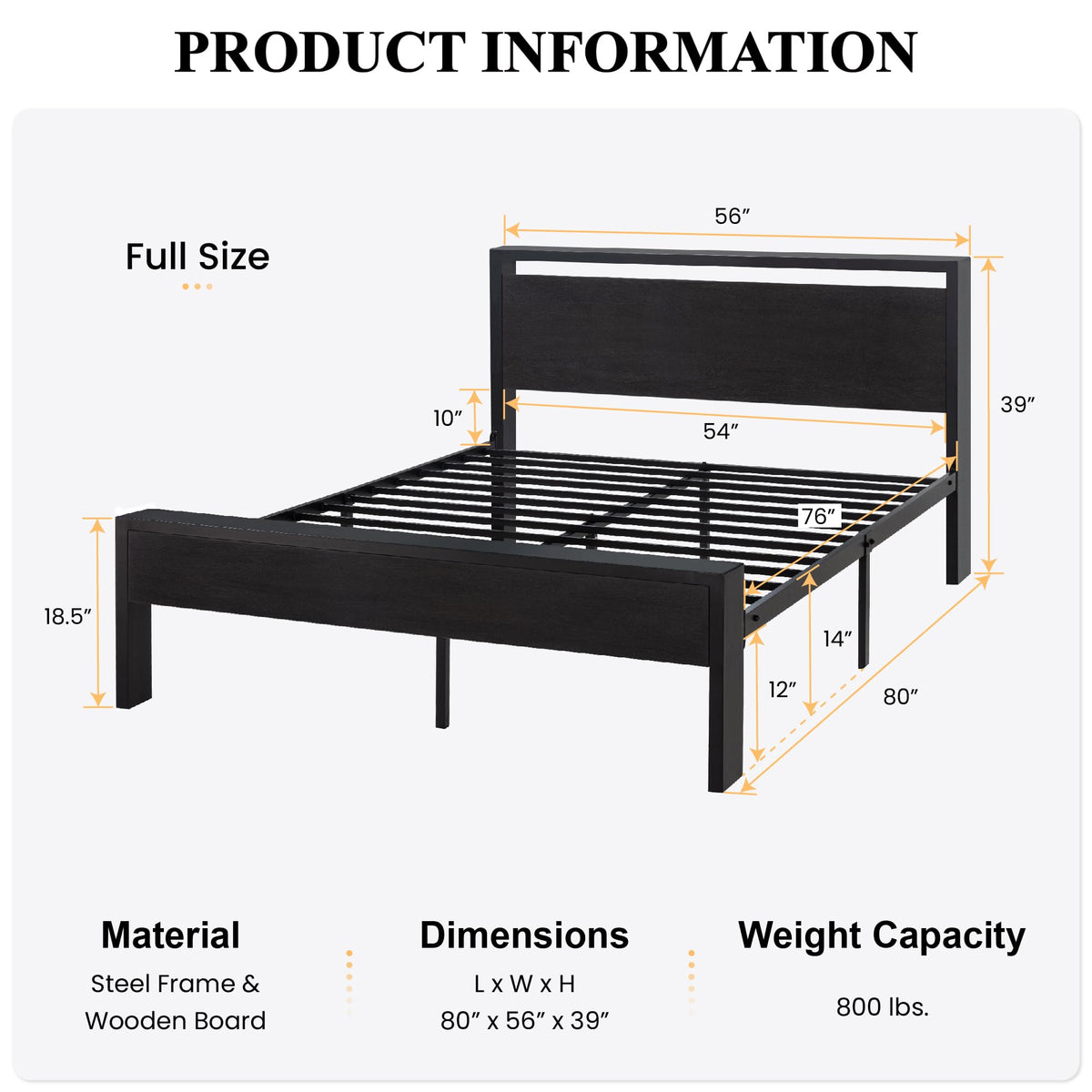 Full Size Bed Frame with Wooden Headboard and Footboard Y9976