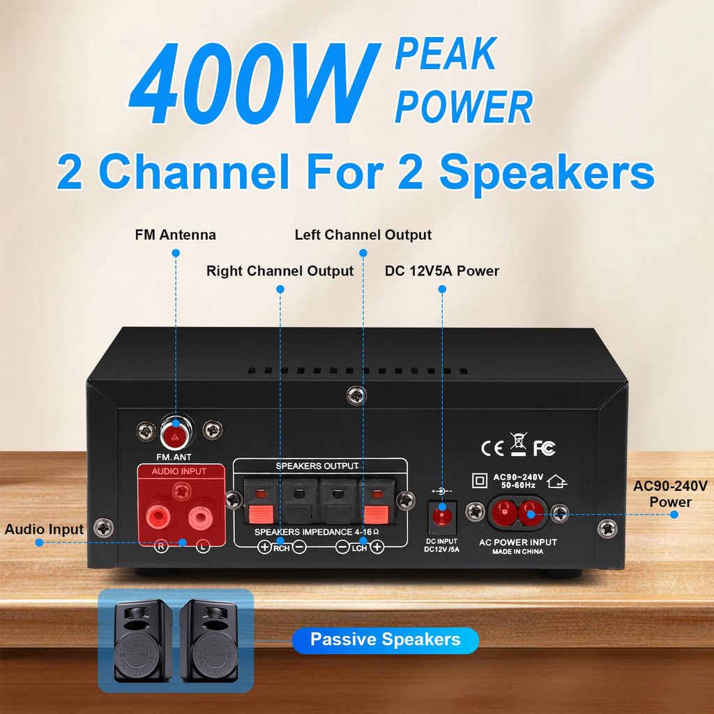Bluetooth 5.0 Audio Amplifier 400W 2 Channel Stereo Receiver K177