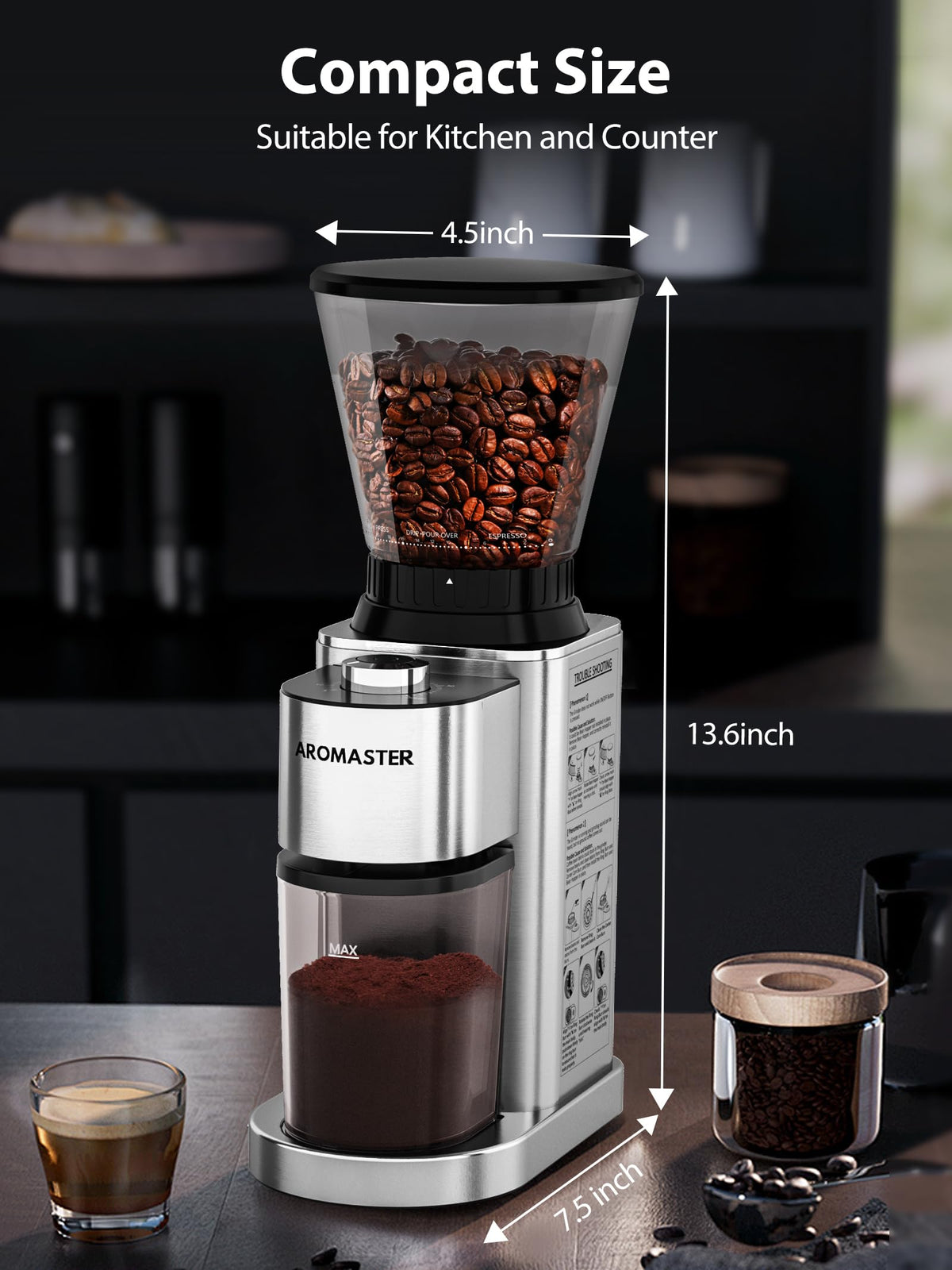 Conical Coffee Bean Grinder, 48 Settings, Anti-Static E524