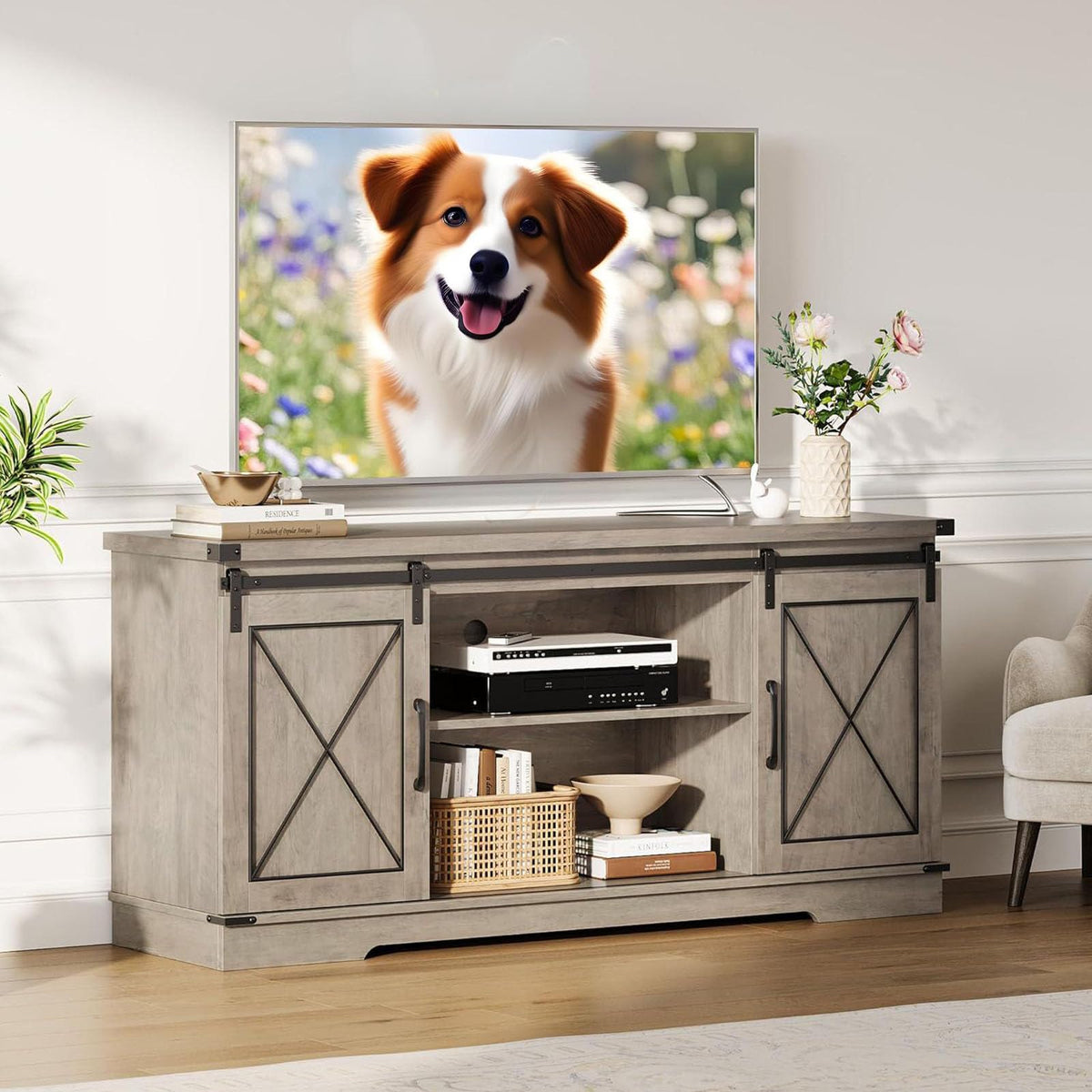 Farmhouse TV Stand with Sliding Barn Doors and Adjustable Shelf O548