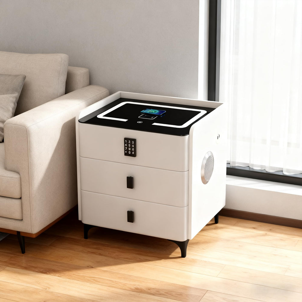 White Nightstand with Charging Station and LED Lights A145
