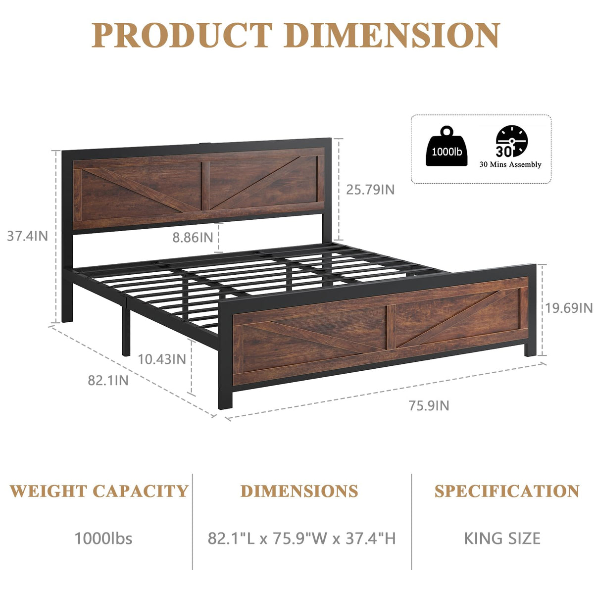 King Size Led Bed Frame with USB Charging Station S853