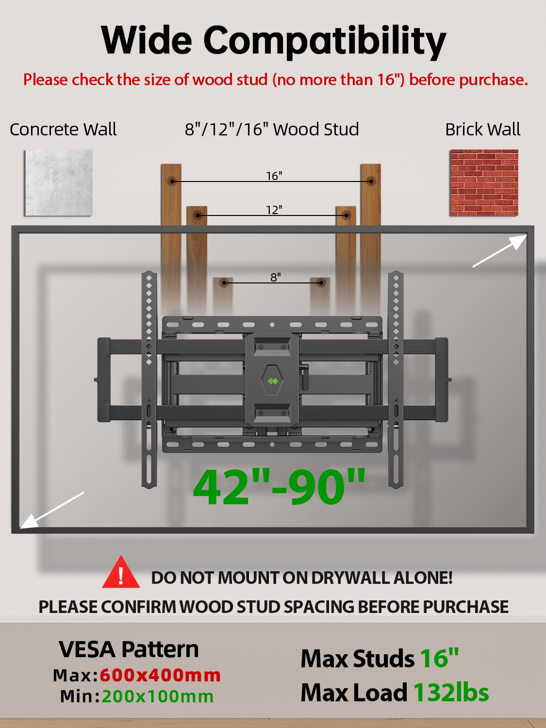 Full Motion TV Wall Mount for 42-90 inch Flat Screen E854