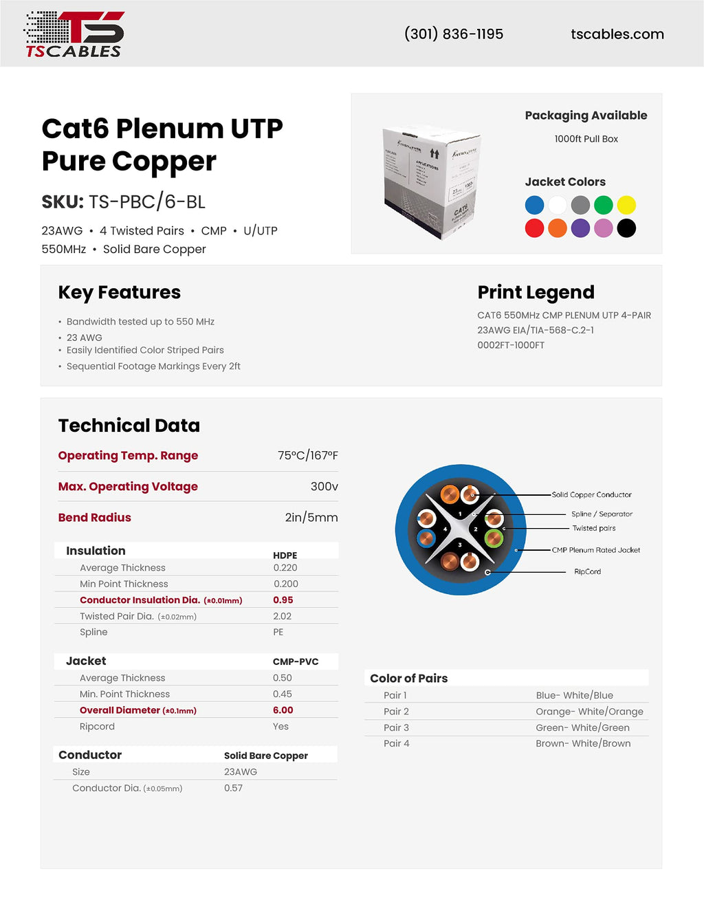 Cat6 Plenum 1000ft 23AWG Solid Bare Copper UTP Bulk Ethernet Cable V185910