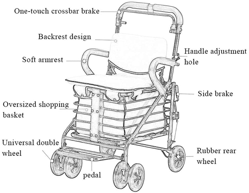 Rollator Walker Shopping Trolley with Seat Pedal Side Brake Red A735002