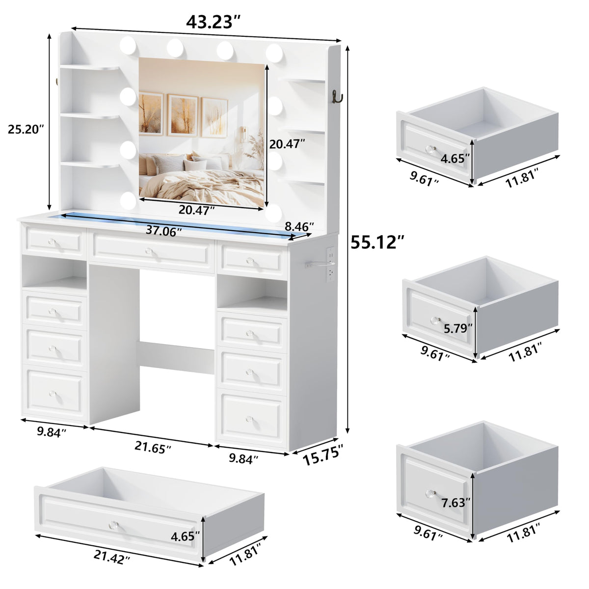 White Vanity Desk with Mirror and 10 LED Lights S750657