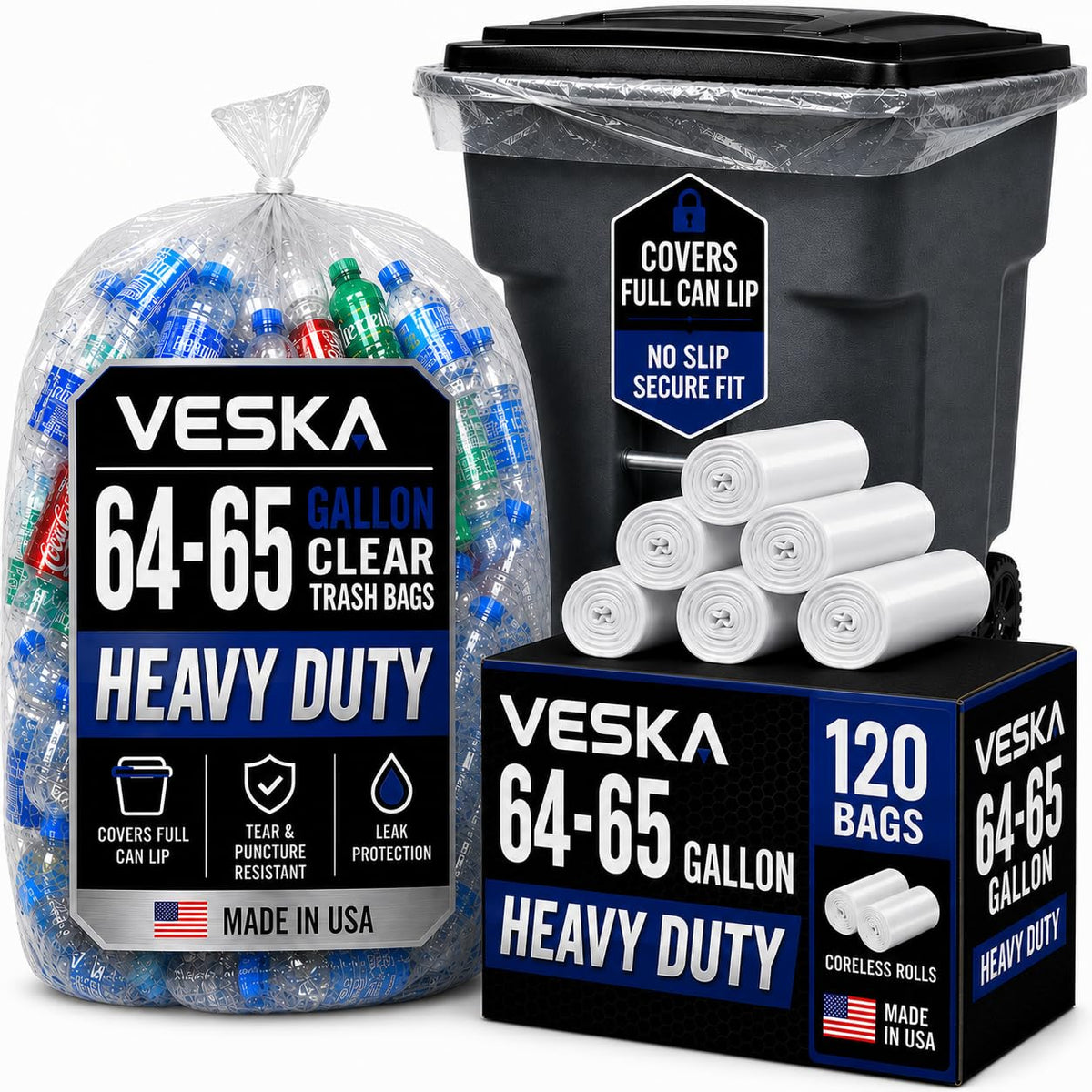 64-65 Gallon Clear Trash Bags, 120 Count Heavy Duty Garbage Bags X8244