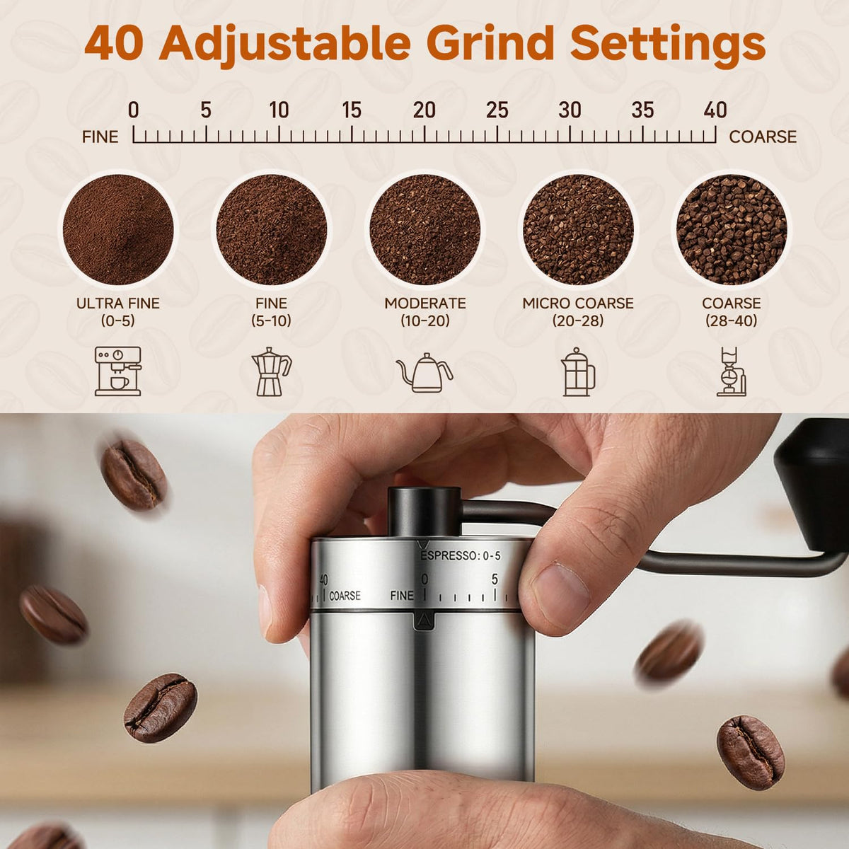 Manual Stainless Steel Conical Burr Coffee Grinder with Hand Crank G69468