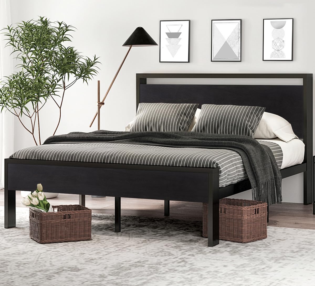 Full Size Bed Frame with Wooden Headboard and Footboard Y9976
