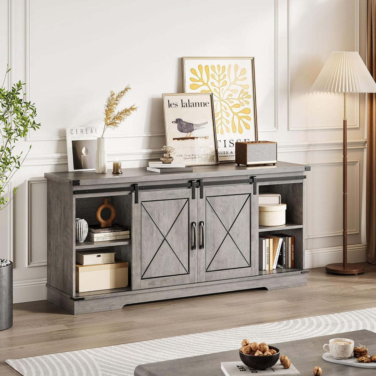 Farmhouse TV Stand with Sliding Barn Doors and Adjustable Shelf O548