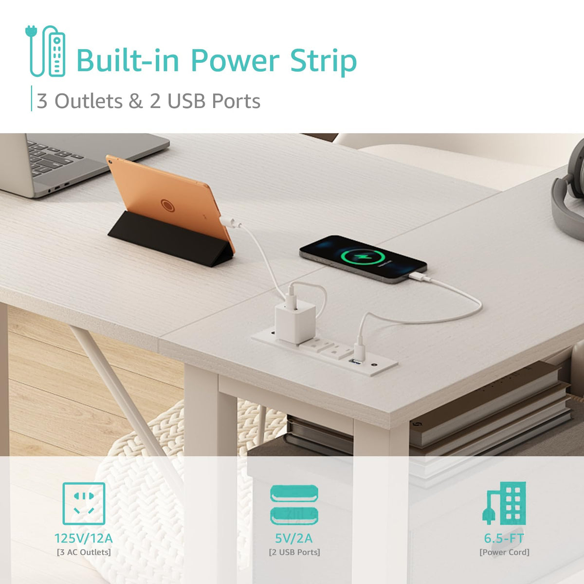 White L Shaped Computer Desk with Drawers and Storage Shelves, 47 Inch Reversible Corner Desk with Power Outlet X4108