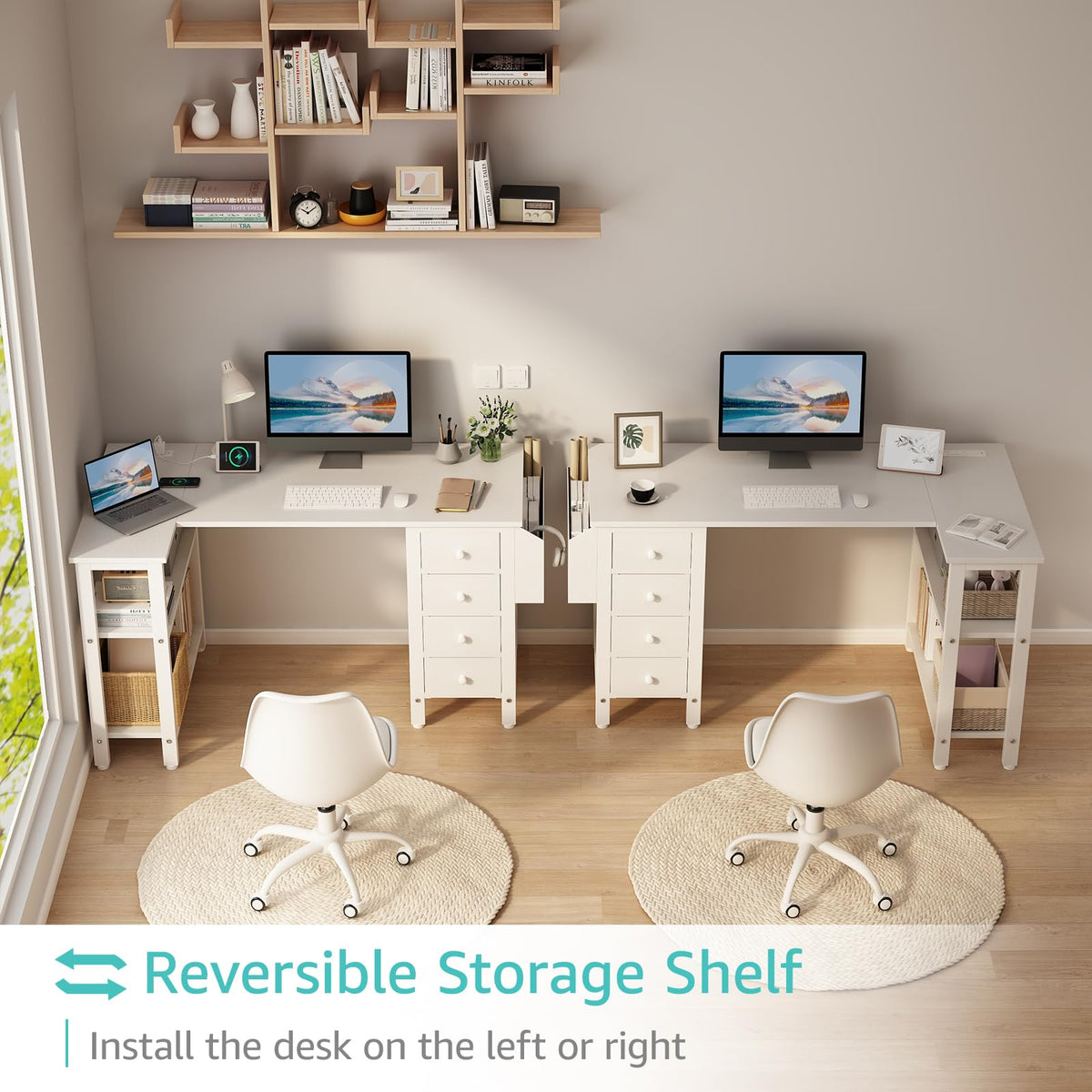 White L Shaped Computer Desk with Drawers and Storage Shelves, 47 Inch Reversible Corner Desk with Power Outlet X4108