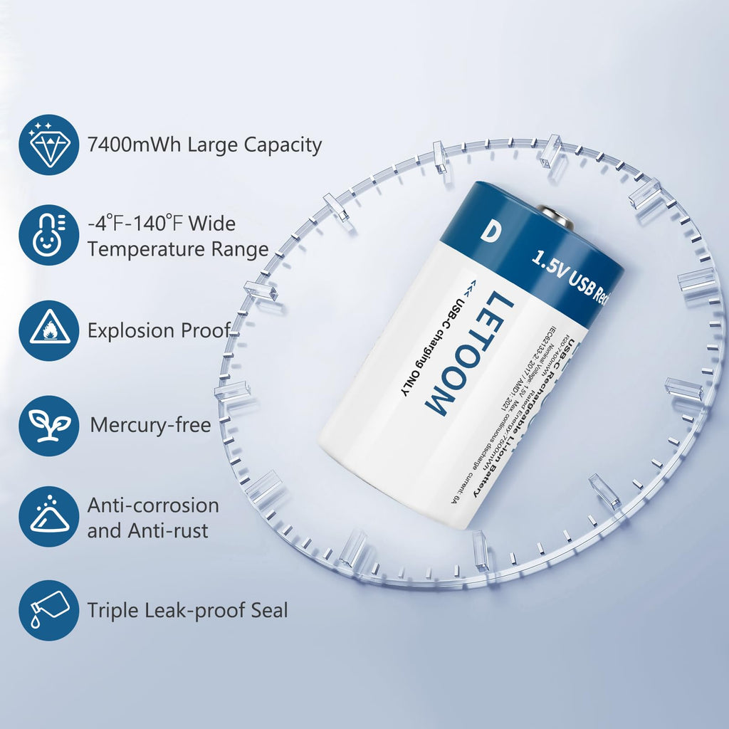 D Size Rechargeable Lithium Batteries 1.5V 6 Pack T8367