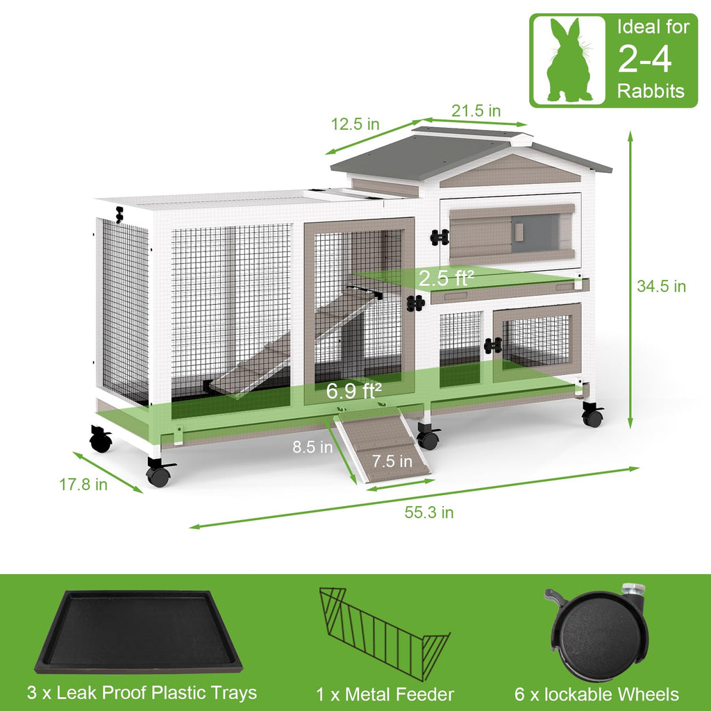 2 Story Wooden Rabbit Hutch with 6 Lockable Wheels M974