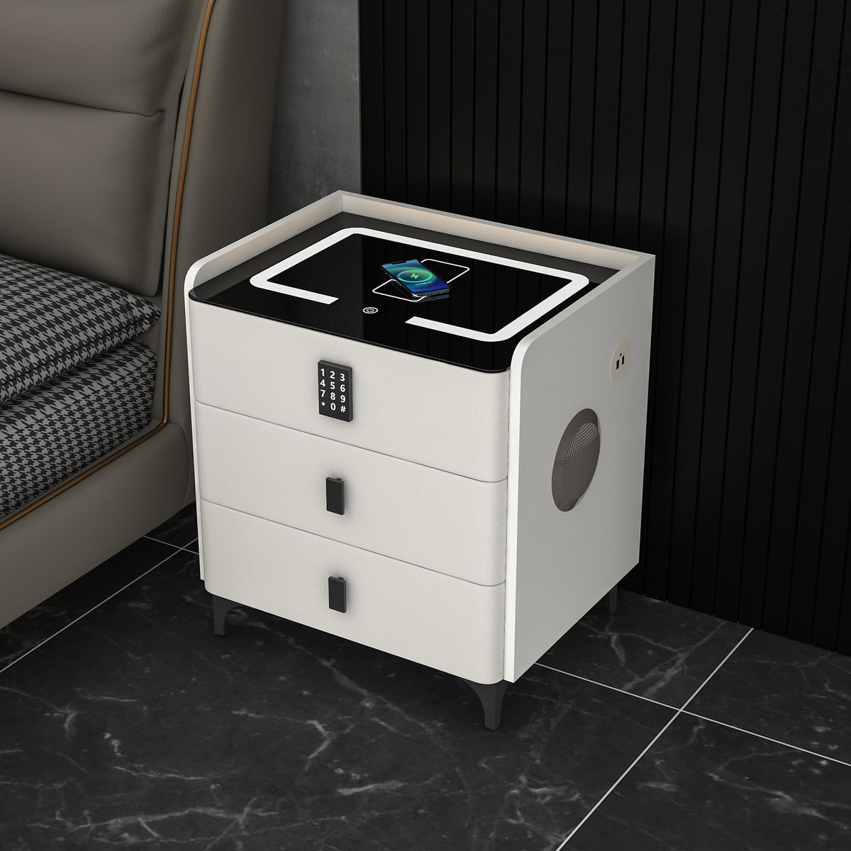 White Nightstand with Charging Station and LED Lights A145