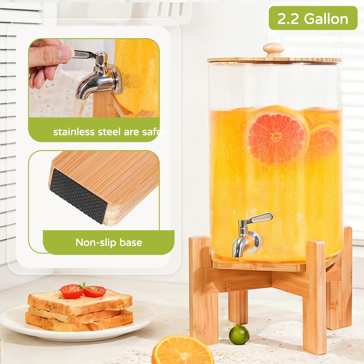 2.2 Gallon Glass Drink Dispenser with Wood Stand P47821