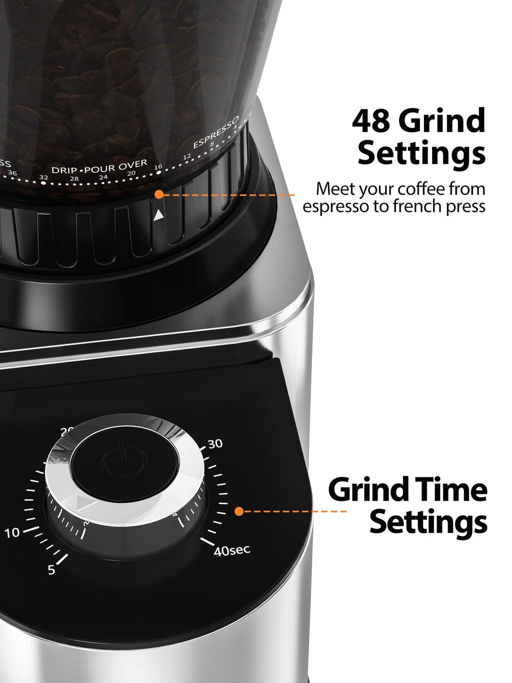 Conical Coffee Bean Grinder, 48 Settings, Anti-Static E524