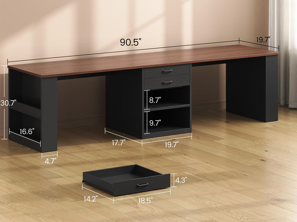 90.5" 2 Person Computer Desk with Storage Drawers Black H4966