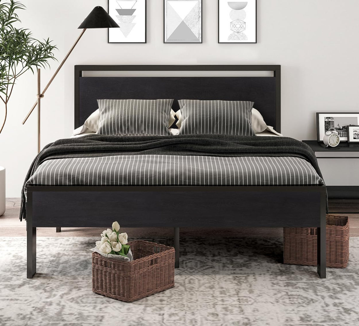 Full Size Bed Frame with Wooden Headboard and Footboard Y9976