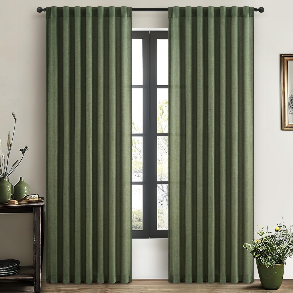 Dark Green 96 Inches Long Thick Linen 2 Panels Set Curtains B62228