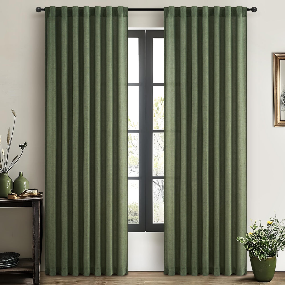 Dark Green 96 Inches Long Thick Linen 2 Panels Set Curtains B62228
