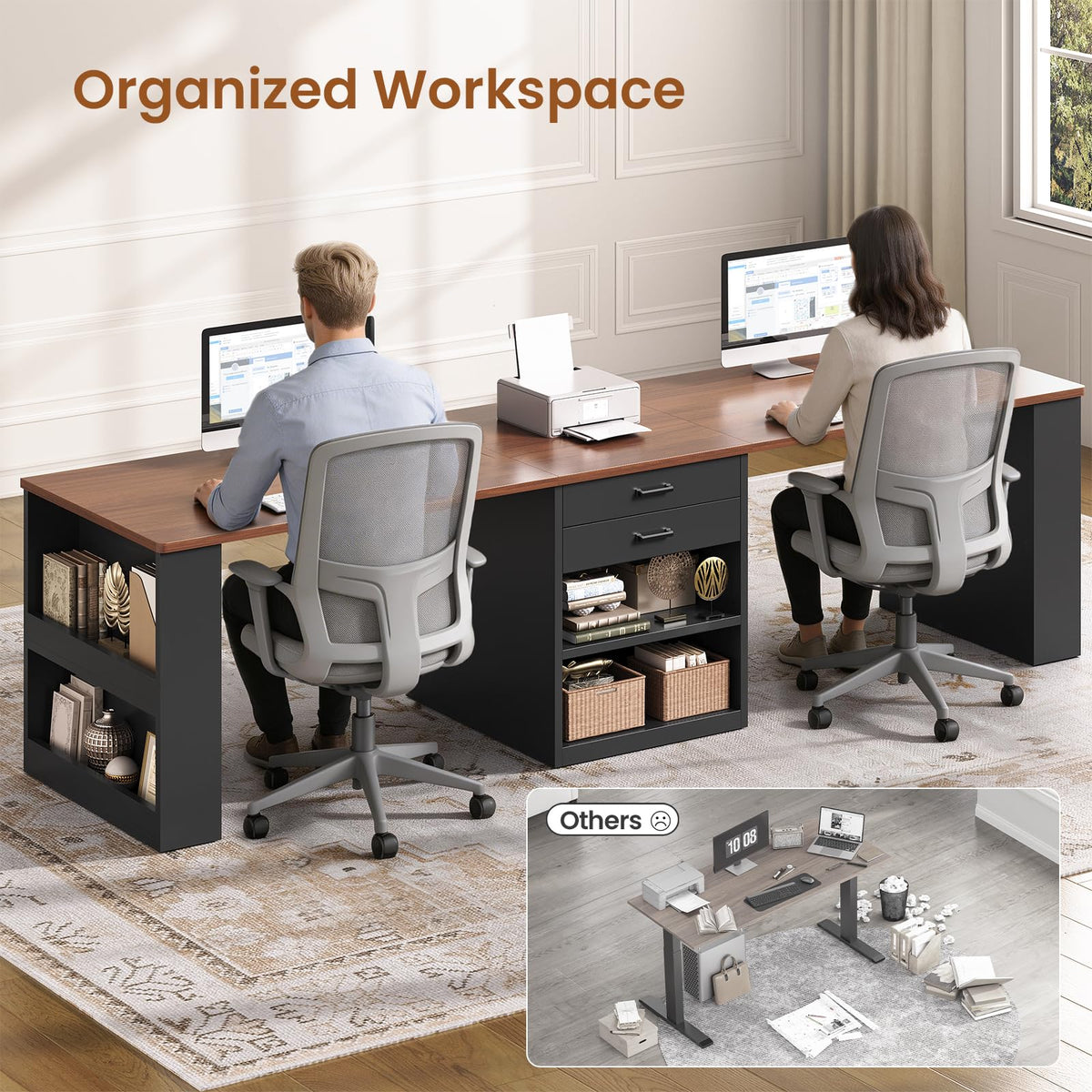 90.5" 2 Person Computer Desk with Storage Drawers Black H4966